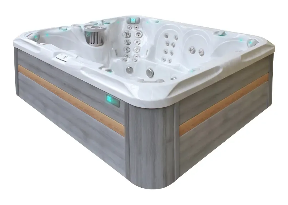 PassionSpa Harmony Whirlpool – modernes Design, graue Holzpaneele, weiße Massagedüsen, türkisfarbene Beleuchtung PassionSpa Harmony Whirlpool – modernes Design, graue Holzpaneele, weiße Massagedüsen, türkisfarbene Beleuchtung